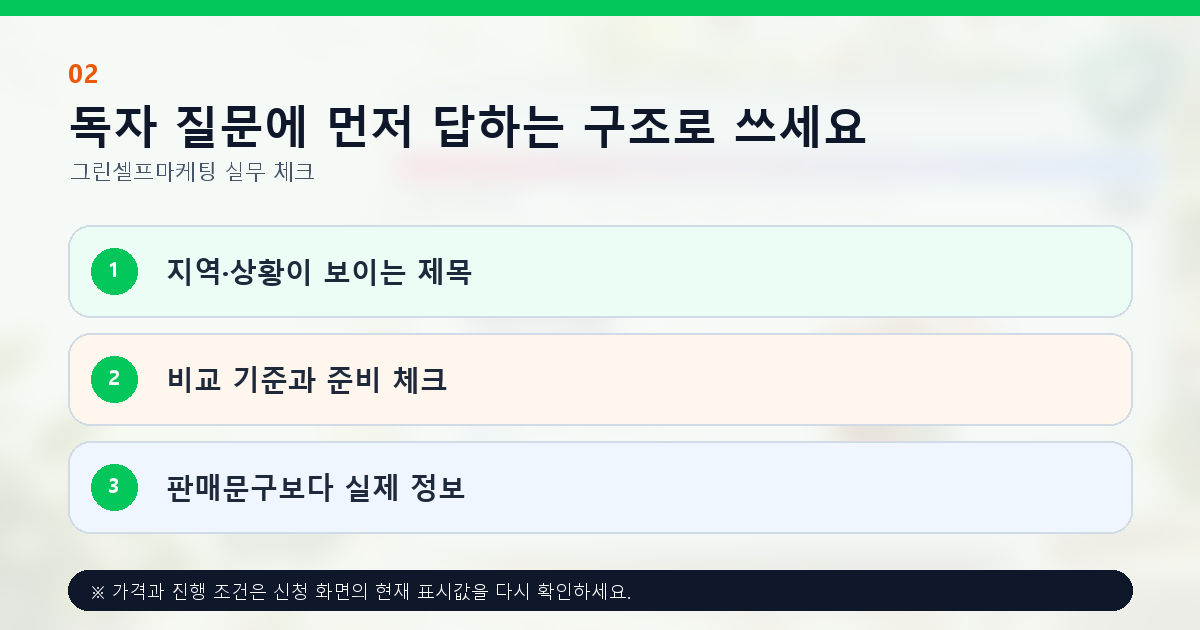 독자 질문에 먼저 답하는 구조로 쓰세요. 지역·상황이 보이는 제목, 비교 기준과 준비 체크, 판매문구보다 실제 정보