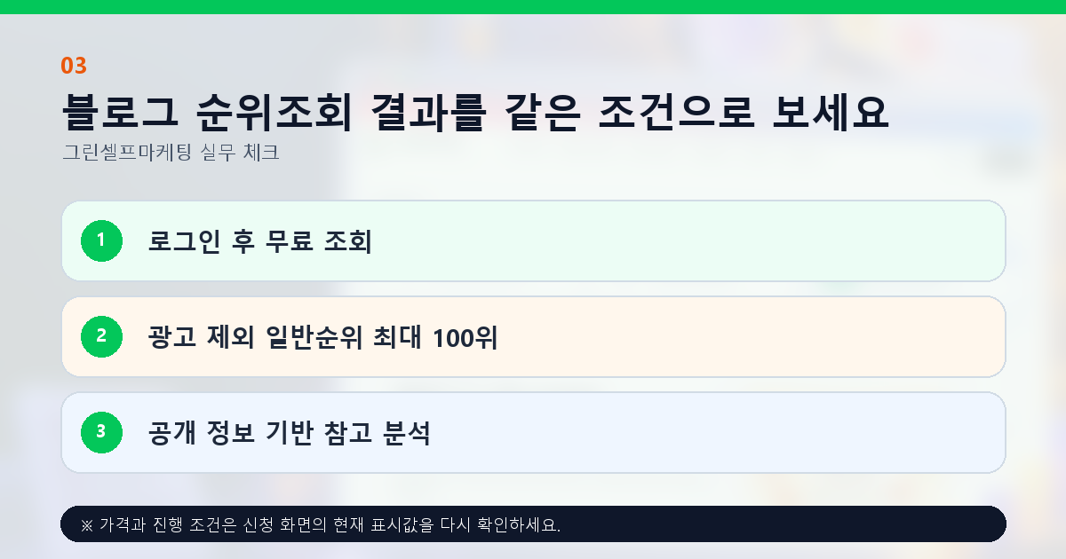 블로그 순위조회 결과를 같은 조건으로 보세요. 로그인 후 무료 조회, 광고 제외 일반순위 최대 100위, 공개 정보 기반 참고 분석