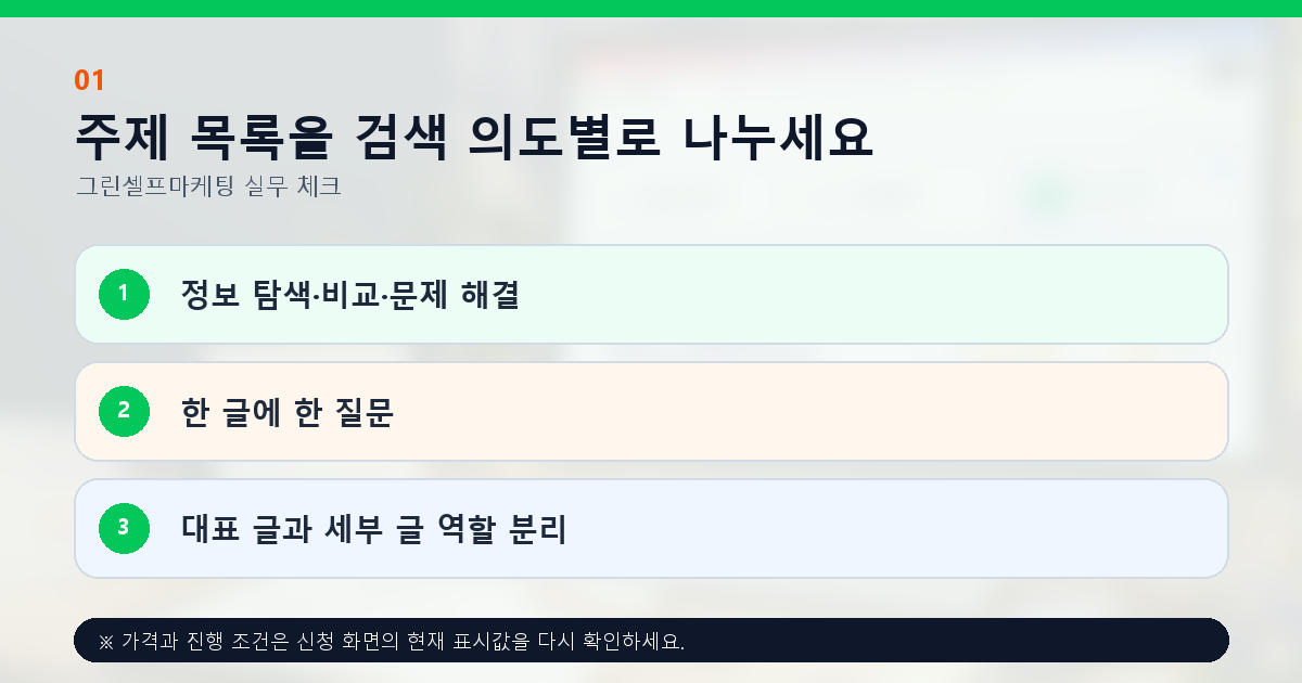 주제 목록을 검색 의도별로 나누세요. 정보 탐색·비교·문제 해결, 한 글에 한 질문, 대표 글과 세부 글 역할 분리