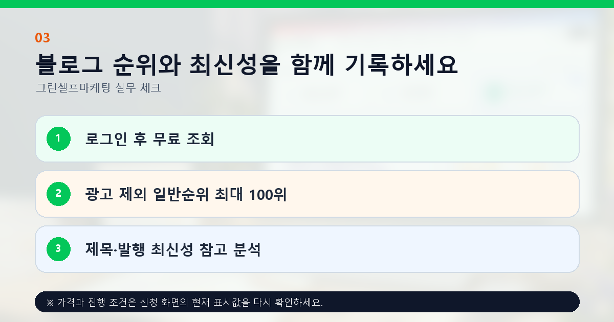 블로그 순위와 최신성을 함께 기록하세요. 로그인 후 무료 조회, 광고 제외 일반순위 최대 100위, 제목·발행 최신성 참고 분석