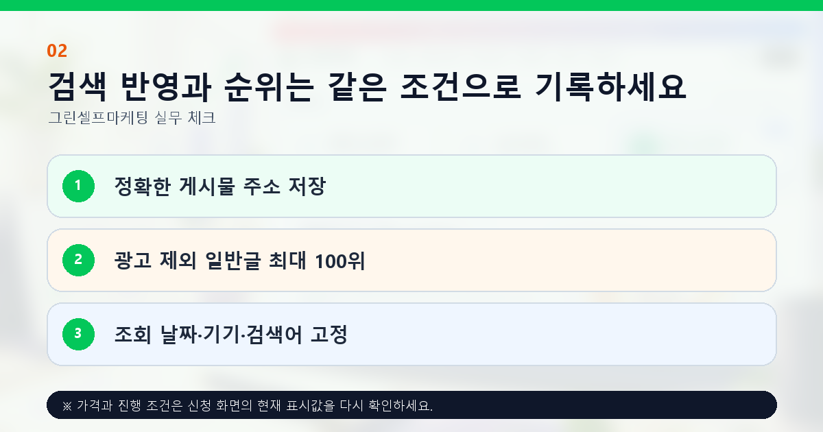 검색 반영과 순위는 같은 조건으로 기록하세요. 정확한 게시물 주소 저장, 광고 제외 일반글 최대 100위, 조회 날짜·기기·검색어 고정