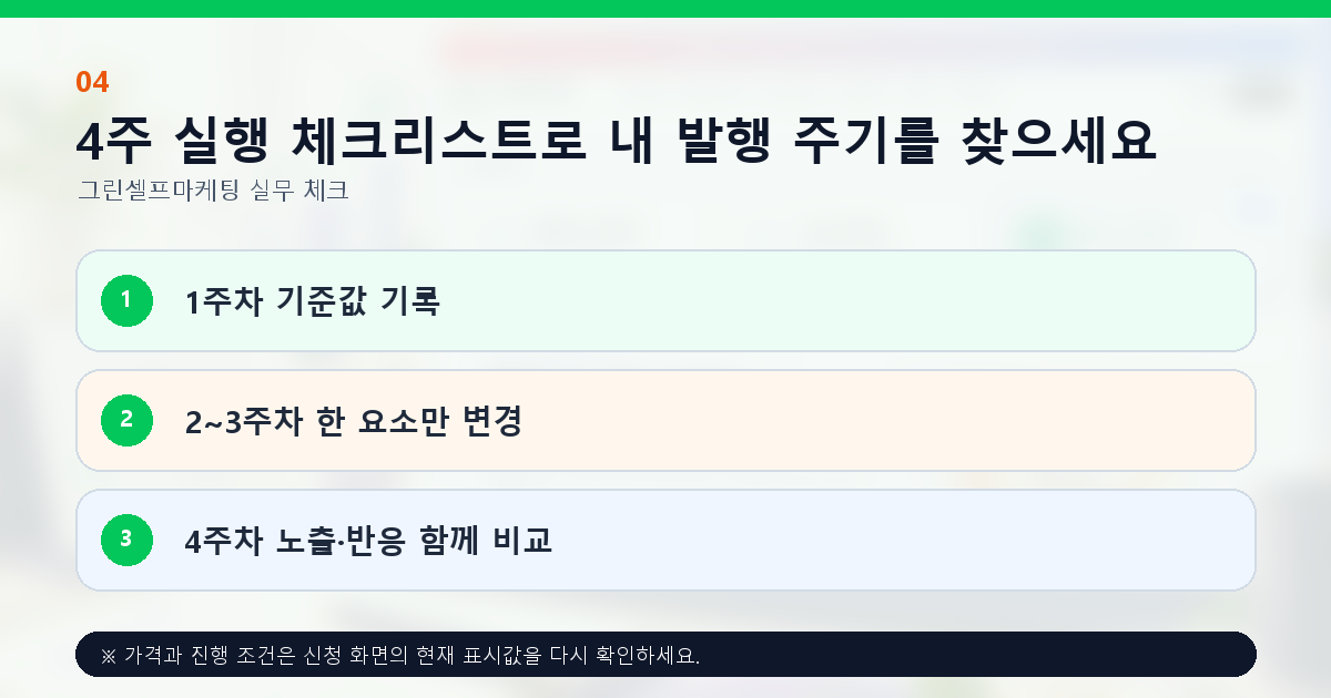 4주 실행 체크리스트로 내 발행 주기를 찾으세요. 1주차 기준값 기록, 2~3주차 한 요소만 변경, 4주차 노출·반응 함께 비교