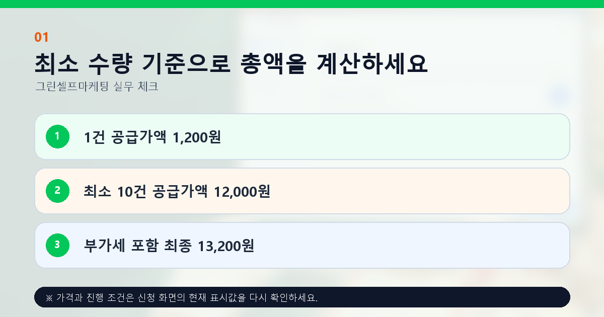 최소 수량 기준으로 총액을 계산하세요. 1건 공급가액 1,200원, 최소 10건 공급가액 12,000원, 부가세 포함 최종 13,200원