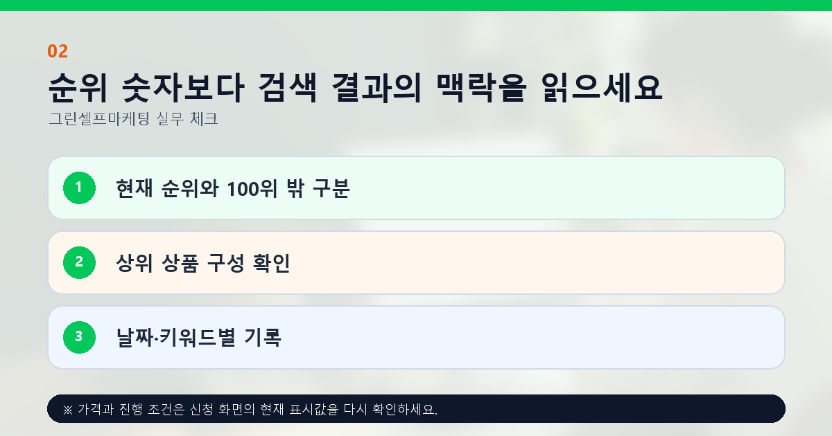 순위 숫자보다 검색 결과의 맥락을 읽으세요 현재 순위와 100위 밖 구분 상위 상품 구성 확인 날짜·키워드별 기록