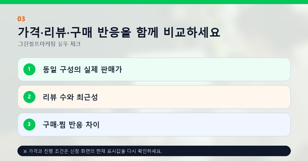 가격·리뷰·구매 반응을 함께 비교하세요 동일 구성의 실제 판매가 리뷰 수와 최근성 구매·찜 반응 차이