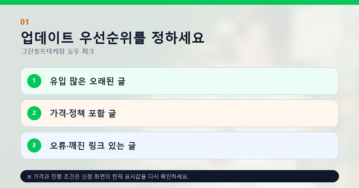 업데이트 우선순위를 정하세요 유입 많은 오래된 글 가격·정책 포함 글 오류·깨진 링크 있는 글