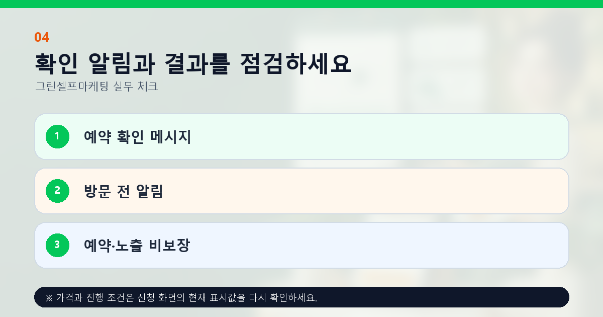확인 알림과 결과를 점검하세요 예약 확인 메시지 방문 전 알림 예약·노출 비보장