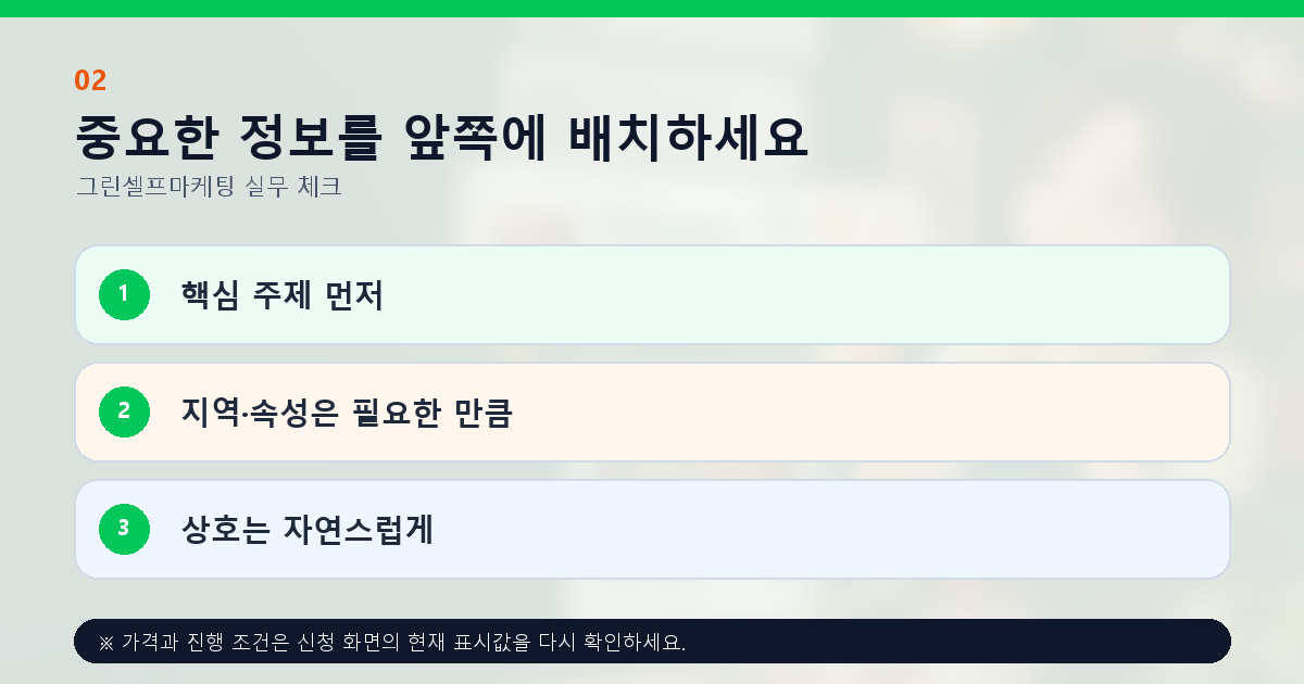 중요한 정보를 앞쪽에 배치하세요 핵심 주제 먼저 지역·속성은 필요한 만큼 상호는 자연스럽게