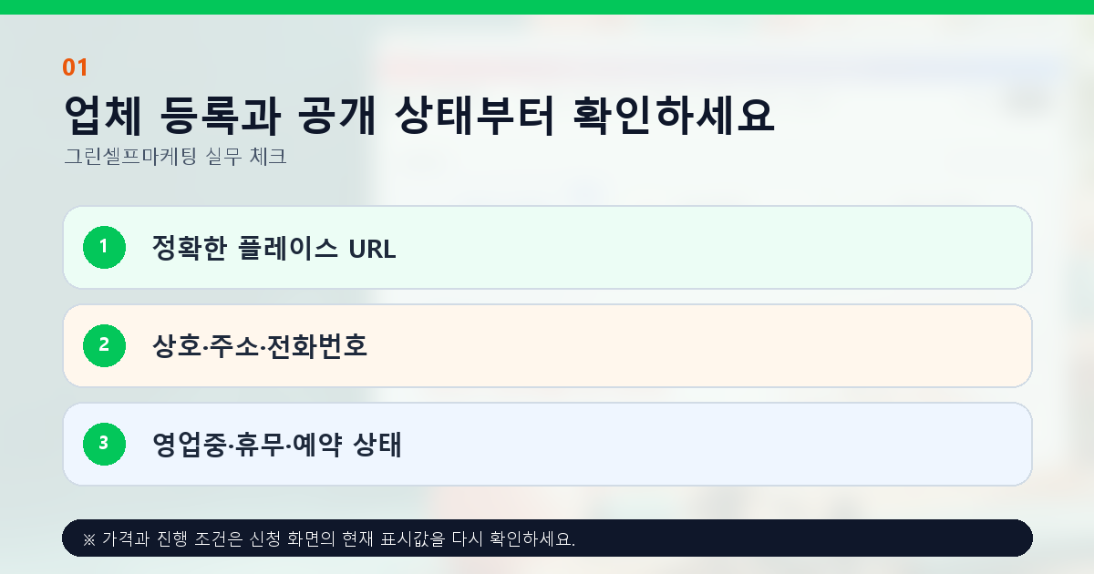 업체 등록과 공개 상태부터 확인하세요. 정확한 플레이스 URL, 상호·주소·전화번호, 영업중·휴무·예약 상태