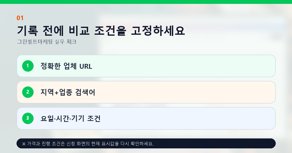 기록 전에 비교 조건을 고정하세요. 정확한 업체 URL, 지역+업종 검색어, 요일·시간·기기 조건