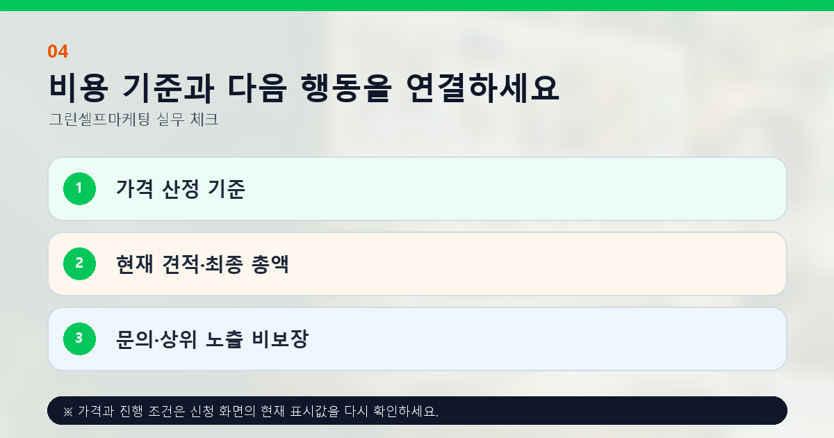 비용 기준과 다음 행동을 연결하세요 가격 산정 기준 현재 견적·최종 총액 문의·상위 노출 비보장