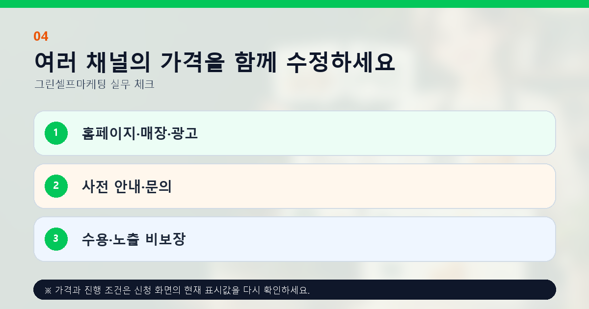 여러 채널의 가격을 함께 수정하세요 홈페이지·매장·광고 사전 안내·문의 수용·노출 비보장