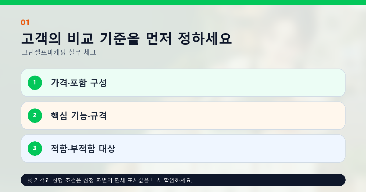 고객의 비교 기준을 먼저 정하세요 가격·포함 구성 핵심 기능·규격 적합·부적합 대상