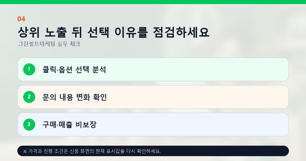 상위 노출 뒤 선택 이유를 점검하세요 클릭·옵션 선택 분석 문의 내용 변화 확인 구매·매출 비보장