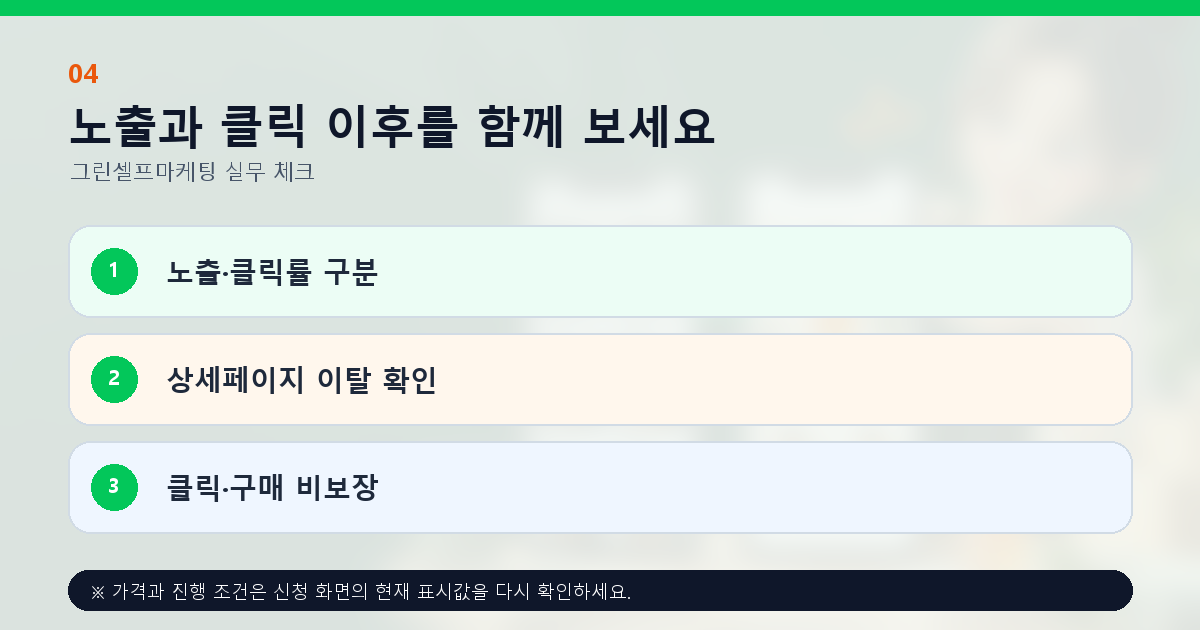 노출과 클릭 이후를 함께 보세요 노출·클릭률 구분 상세페이지 이탈 확인 클릭·구매 비보장