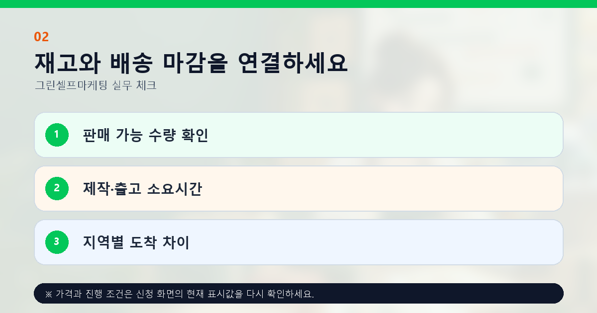 재고와 배송 마감을 연결하세요 판매 가능 수량 확인 제작·출고 소요시간 지역별 도착 차이