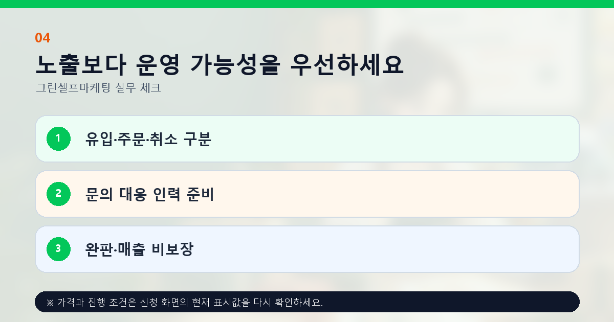 노출보다 운영 가능성을 우선하세요 유입·주문·취소 구분 문의 대응 인력 준비 완판·매출 비보장