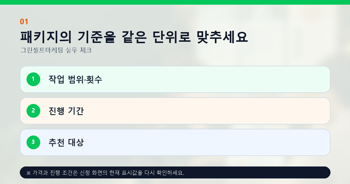 패키지의 기준을 같은 단위로 맞추세요 작업 범위·횟수 진행 기간 추천 대상