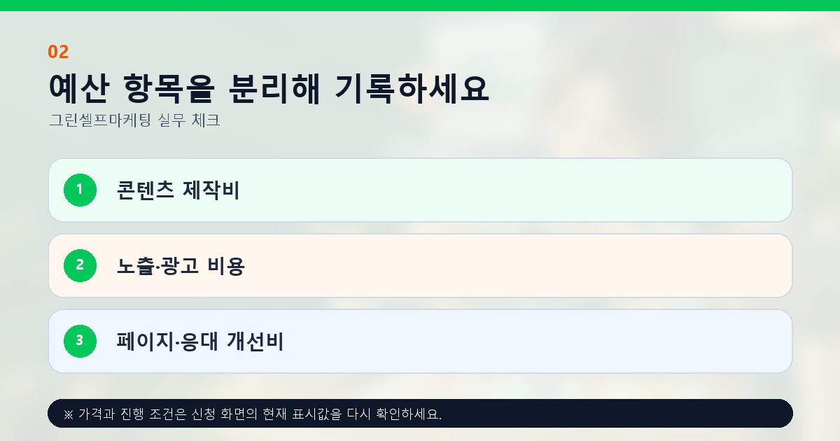 예산 항목을 분리해 기록하세요 콘텐츠 제작비 노출·광고 비용 페이지·응대 개선비