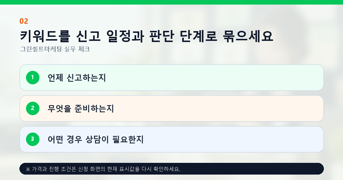 키워드를 신고 일정과 판단 단계로 묶으세요. 언제 신고하는지, 무엇을 준비하는지, 어떤 경우 상담이 필요한지