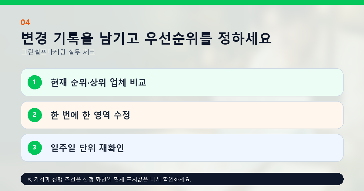 변경 기록을 남기고 우선순위를 정하세요 현재 순위·상위 업체 비교 한 번에 한 영역 수정 일주일 단위 재확인