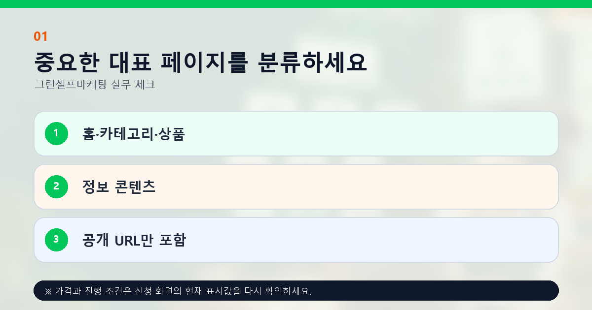 중요한 대표 페이지를 분류하세요 홈·카테고리·상품 정보 콘텐츠 공개 URL만 포함