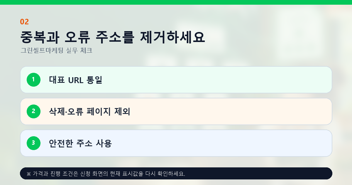 중복과 오류 주소를 제거하세요 대표 URL 통일 삭제·오류 페이지 제외 안전한 주소 사용